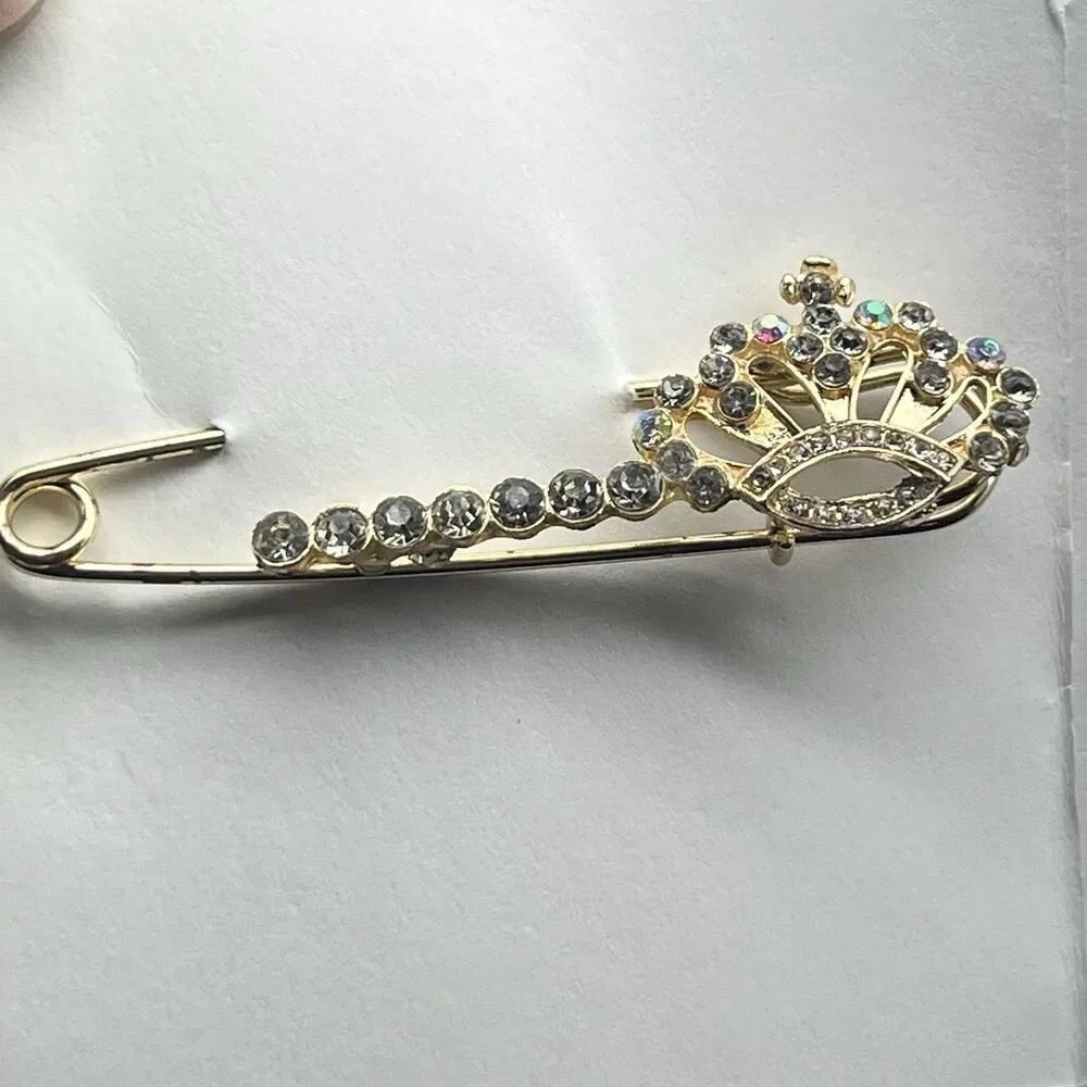 Gold Tone Princess Crown Safety Pin Brooch- Multi-colored Rhinestones